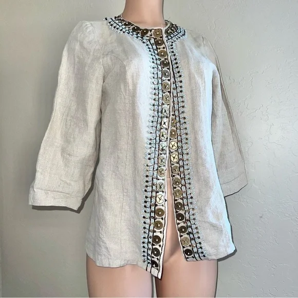 Chico's NWOT Duster Embellished Coin 3/4 Sleeve Tan Blazer Top Size 0 Small - Picture 5 of 10